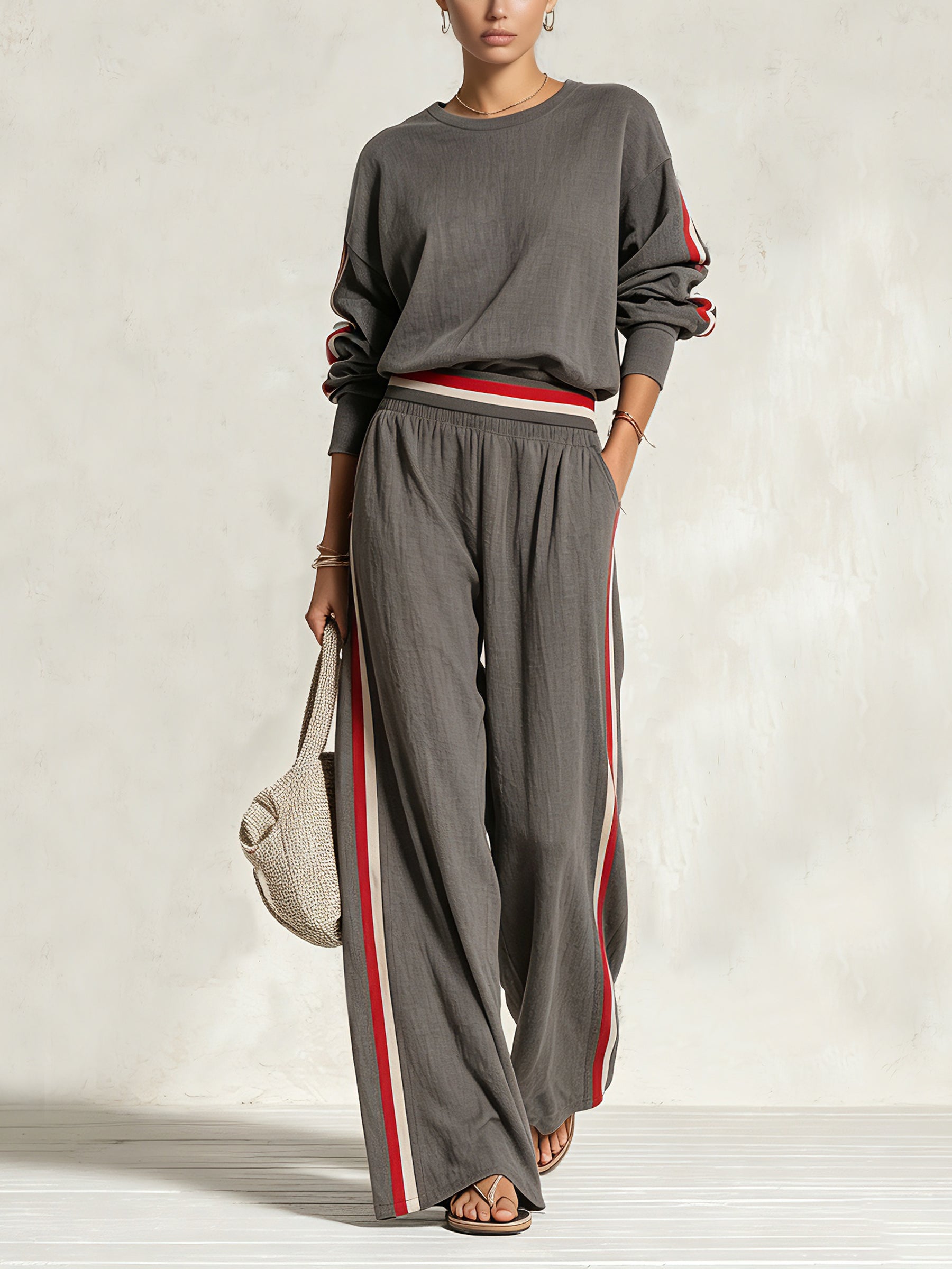 Women’s Two Piece Casual Lounge Set – Oversized Sweatshirt & Wide Leg Side Stripe Pants Matching Set