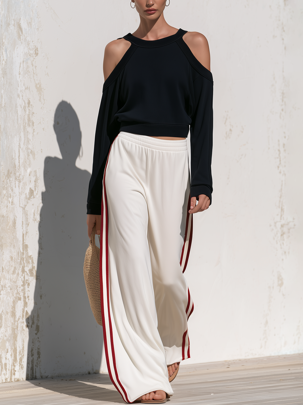 Cold Shoulder Crop Top & Side Stripe Wide Leg Pants Two-Piece Set
