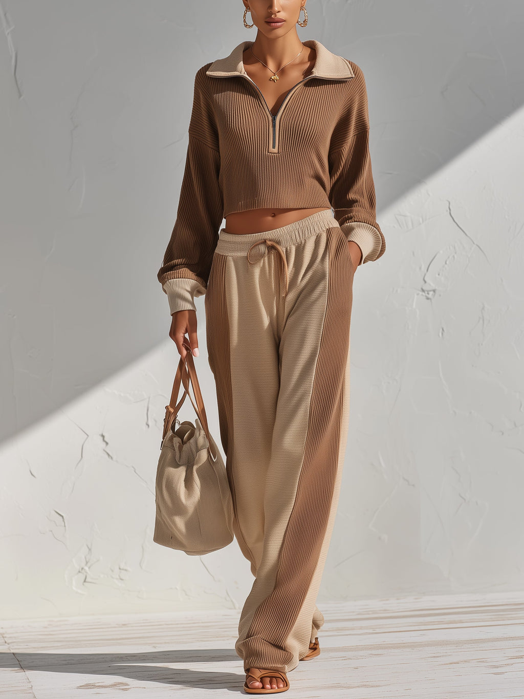 Women’s Two Piece Ribbed Lounge Set – Cropped Quarter Zip Pullover & Wide Leg Pants Matching Outfit