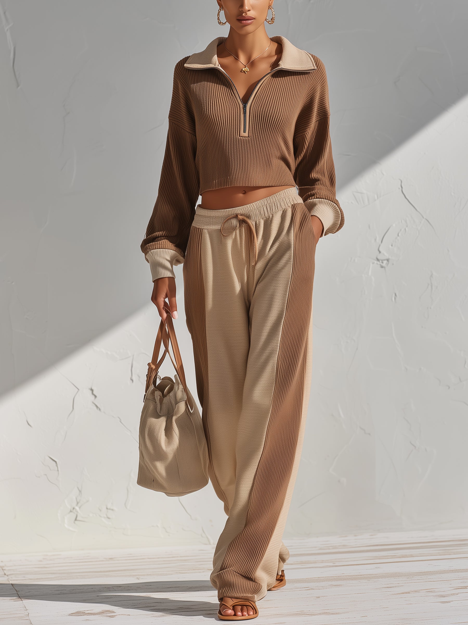 Women’s Two Piece Ribbed Lounge Set – Cropped Quarter Zip Pullover & Wide Leg Pants Matching Outfit