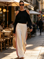 Cold Shoulder Crop Top & Side Stripe Wide Leg Pants Two-Piece Set
