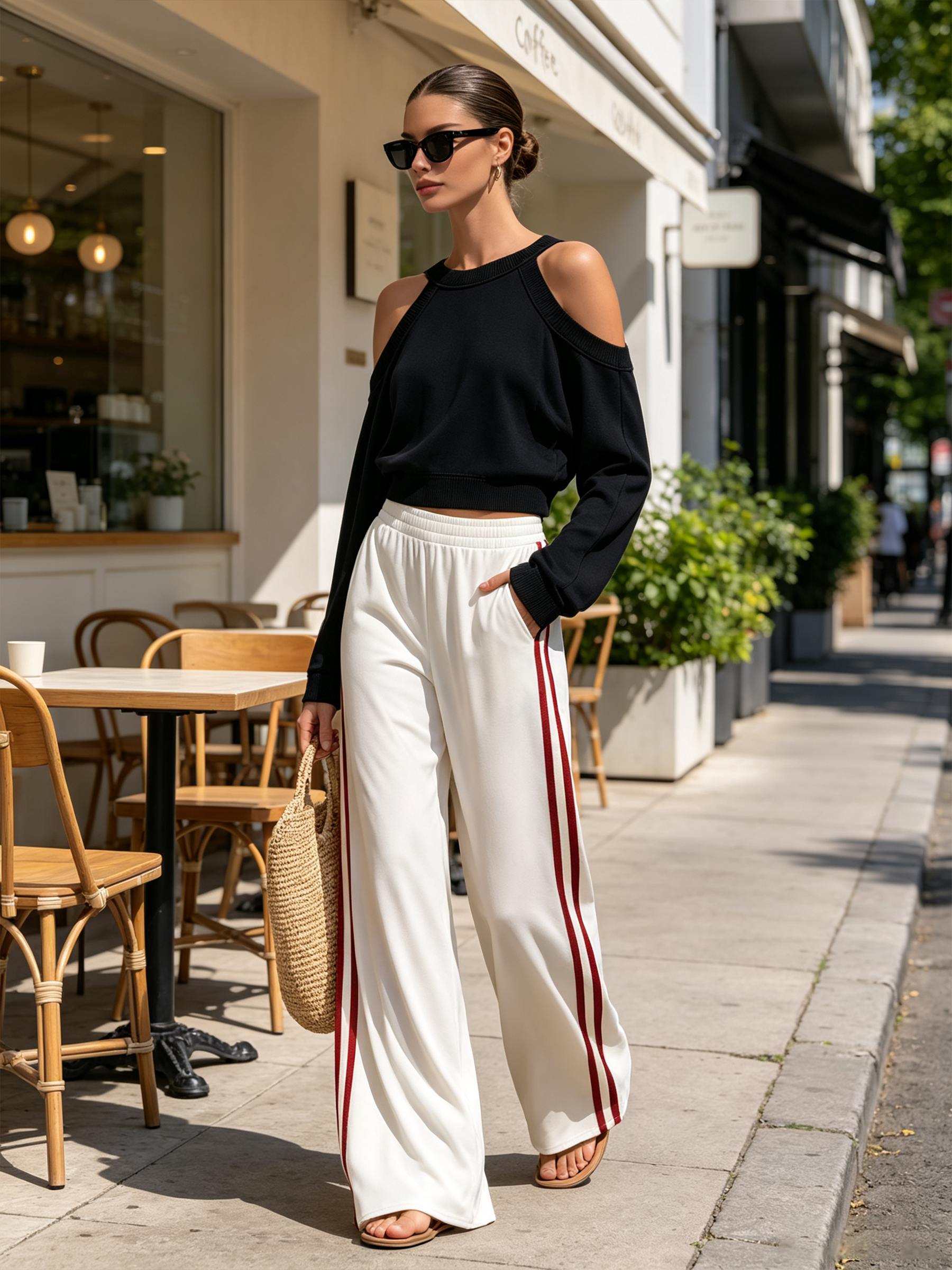 Cold Shoulder Crop Top & Side Stripe Wide Leg Pants Two-Piece Set