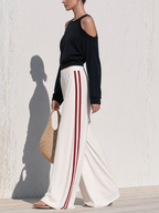 Cold Shoulder Crop Top & Side Stripe Wide Leg Pants Two-Piece Set