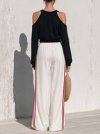 Cold Shoulder Crop Top & Side Stripe Wide Leg Pants Two-Piece Set