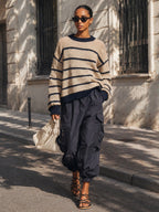 Women’s Striped Oversized Knit Sweater – Casual Navy & Beige Loose Fit Pullover With Cargo Pants Style