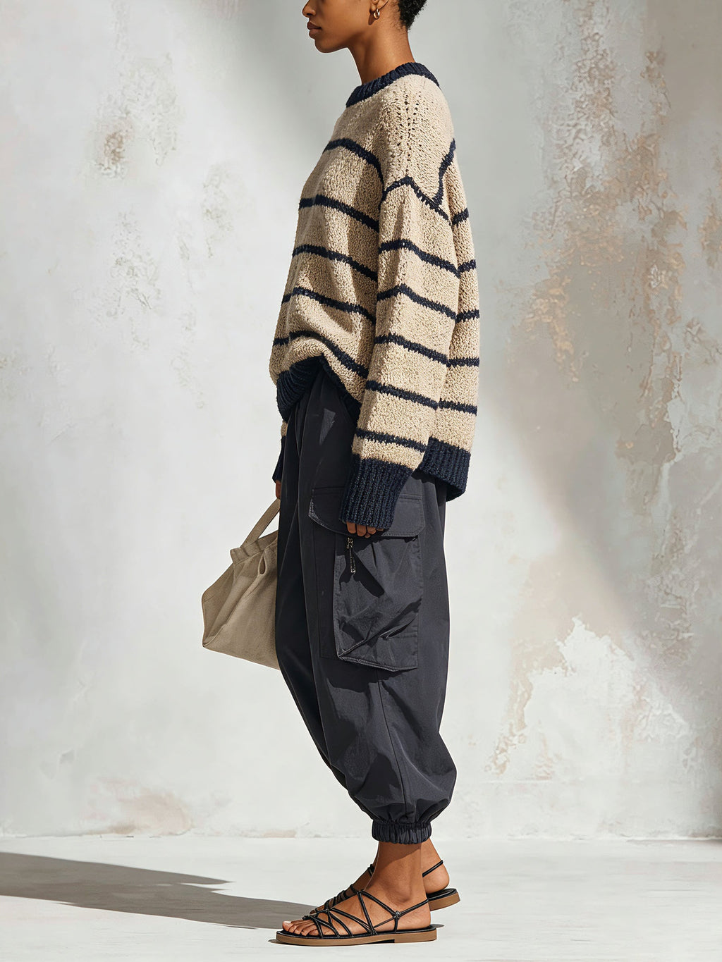 Women’s Striped Oversized Knit Sweater – Casual Navy & Beige Loose Fit Pullover With Cargo Pants Style