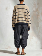 Women’s Striped Oversized Knit Sweater – Casual Navy & Beige Loose Fit Pullover With Cargo Pants Style