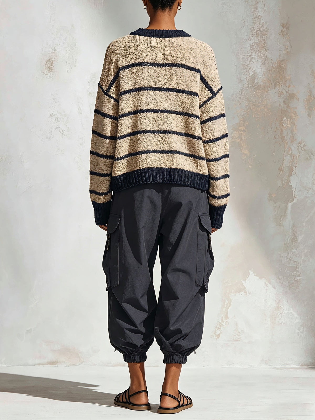 Women’s Striped Oversized Knit Sweater – Casual Navy & Beige Loose Fit Pullover With Cargo Pants Style