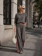 Women’s Two Piece Casual Lounge Set – Oversized Sweatshirt & Wide Leg Side Stripe Pants Matching Set