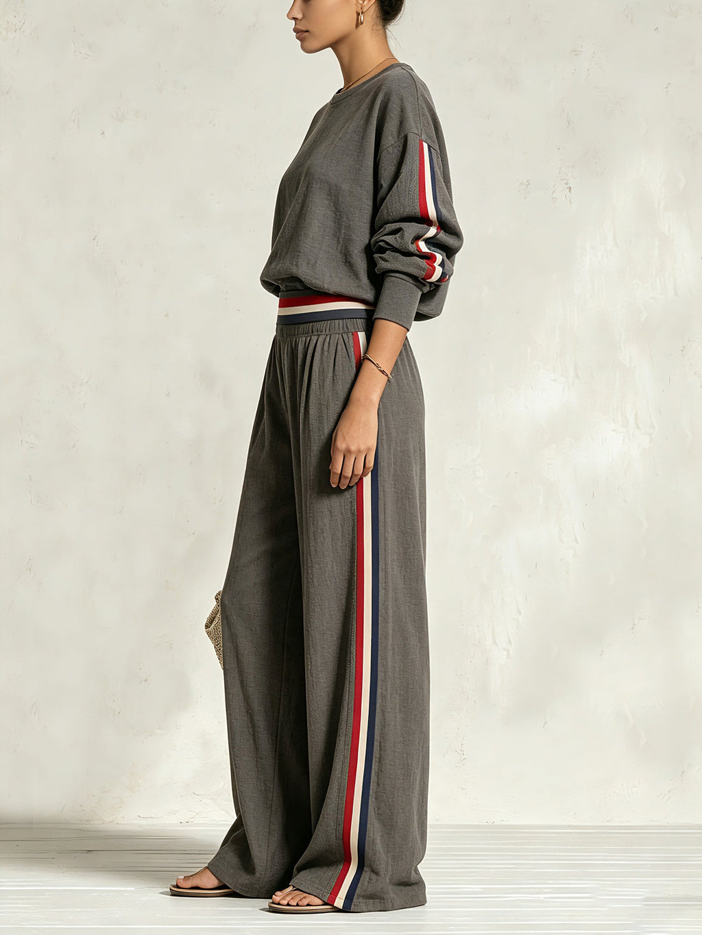 Women’s Two Piece Casual Lounge Set – Oversized Sweatshirt & Wide Leg Side Stripe Pants Matching Set
