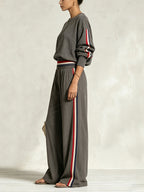 Women’s Two Piece Casual Lounge Set – Oversized Sweatshirt & Wide Leg Side Stripe Pants Matching Set
