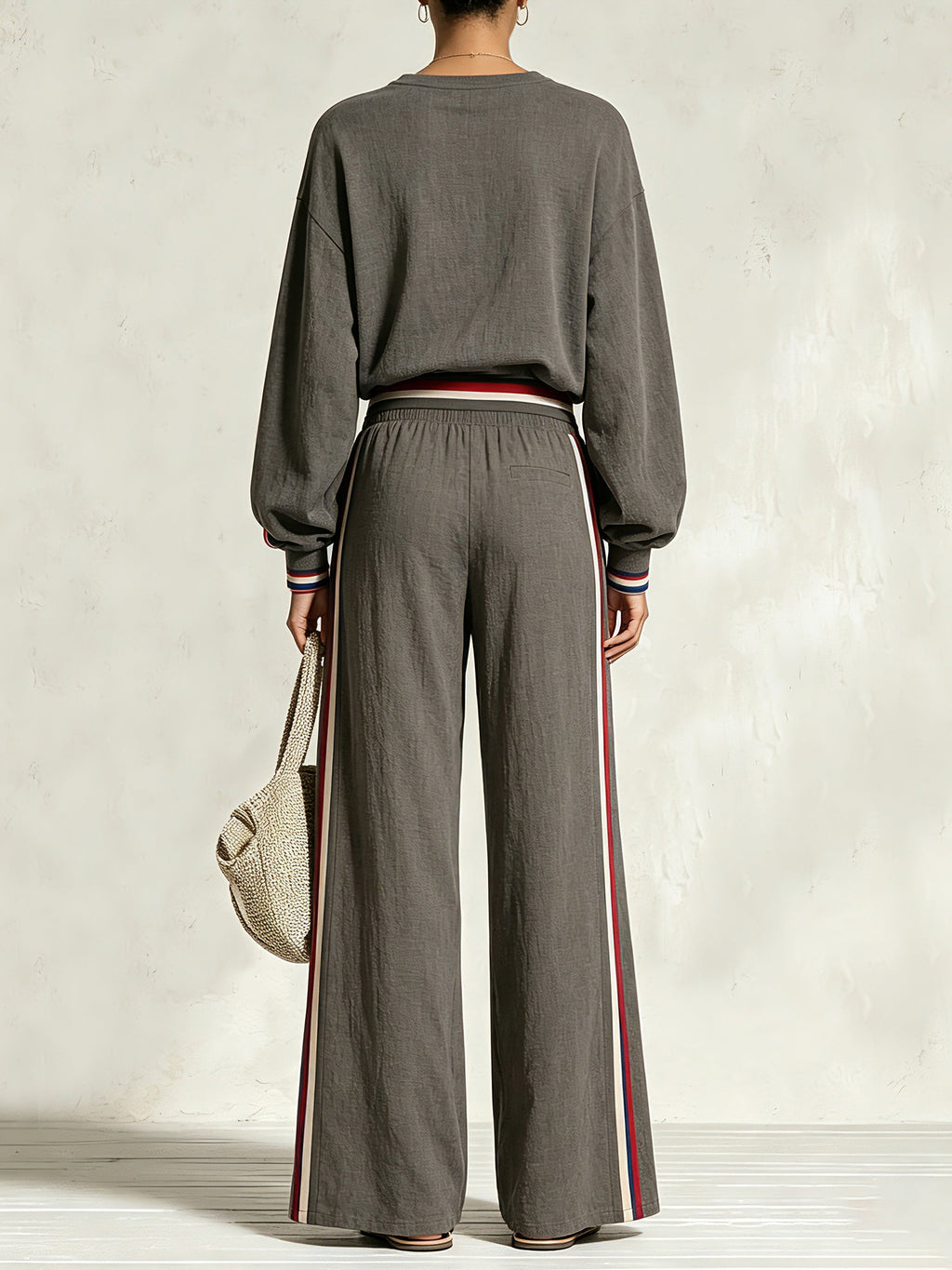 Women’s Two Piece Casual Lounge Set – Oversized Sweatshirt & Wide Leg Side Stripe Pants Matching Set