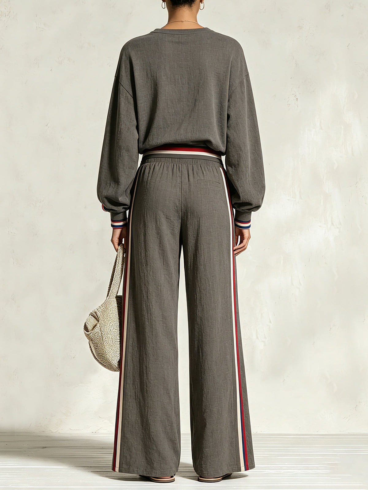 Women’s Two Piece Casual Lounge Set – Oversized Sweatshirt & Wide Leg Side Stripe Pants Matching Set