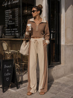 Women’s Two Piece Ribbed Lounge Set – Cropped Quarter Zip Pullover & Wide Leg Pants Matching Outfit