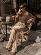 Women’s Two Piece Ribbed Lounge Set – Cropped Quarter Zip Pullover & Wide Leg Pants Matching Outfit
