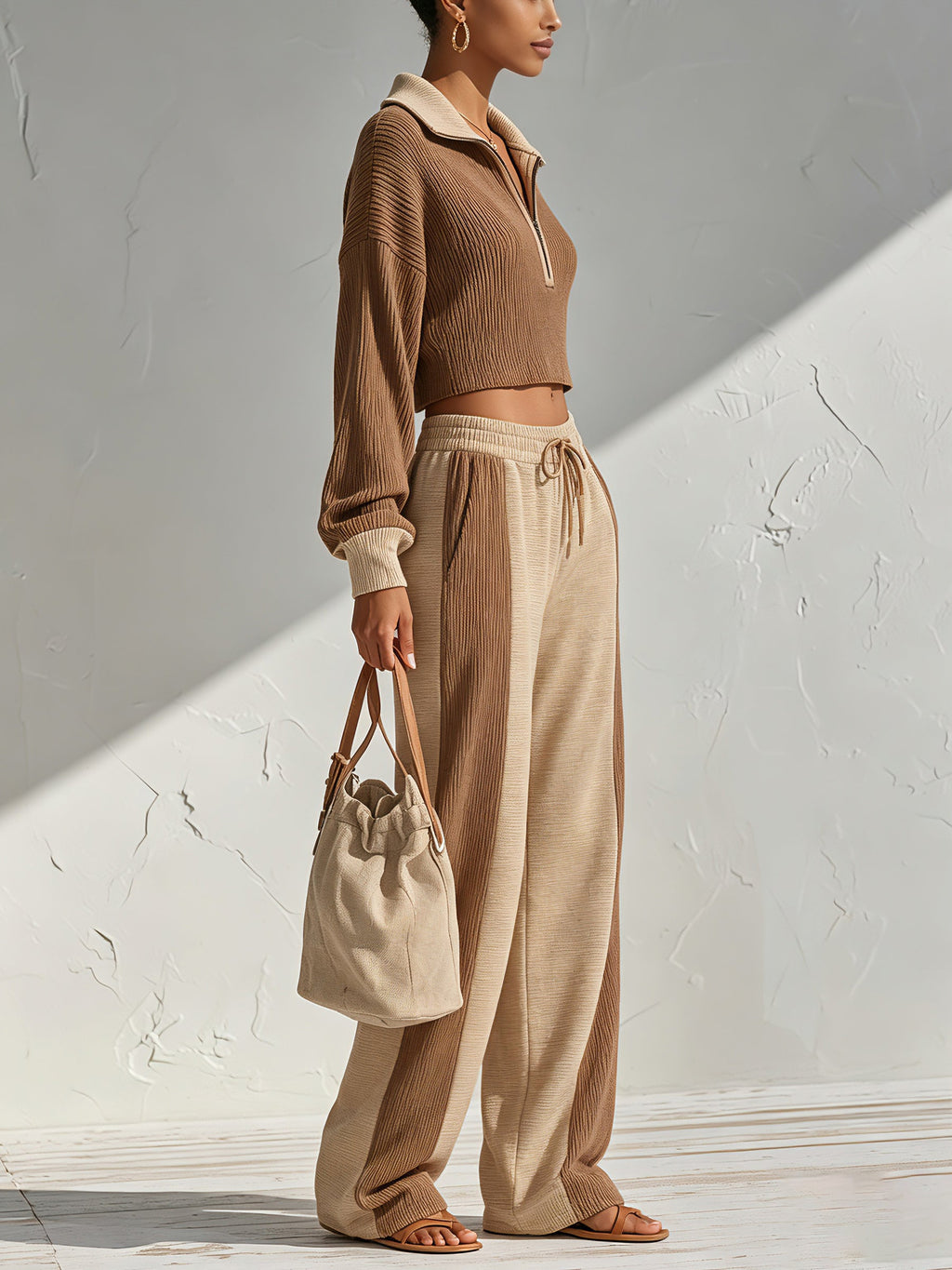 Women’s Two Piece Ribbed Lounge Set – Cropped Quarter Zip Pullover & Wide Leg Pants Matching Outfit