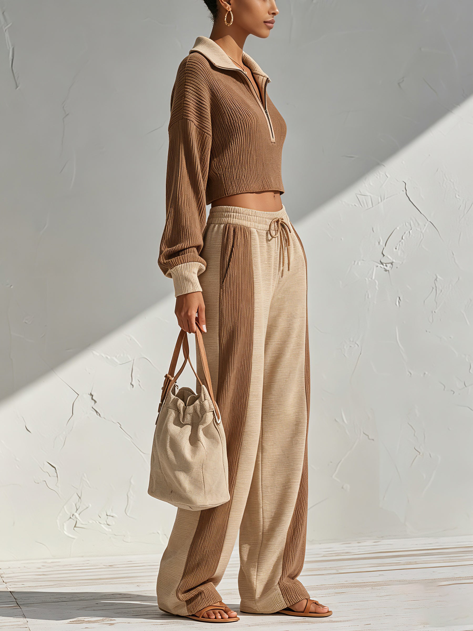 Women’s Two Piece Ribbed Lounge Set – Cropped Quarter Zip Pullover & Wide Leg Pants Matching Outfit
