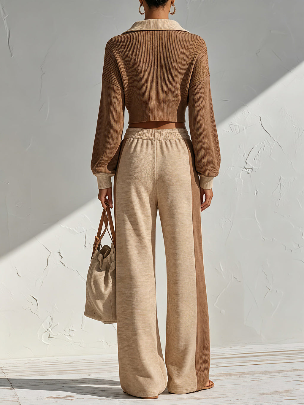 Women’s Two Piece Ribbed Lounge Set – Cropped Quarter Zip Pullover & Wide Leg Pants Matching Outfit