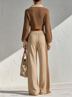 Women’s Two Piece Ribbed Lounge Set – Cropped Quarter Zip Pullover & Wide Leg Pants Matching Outfit