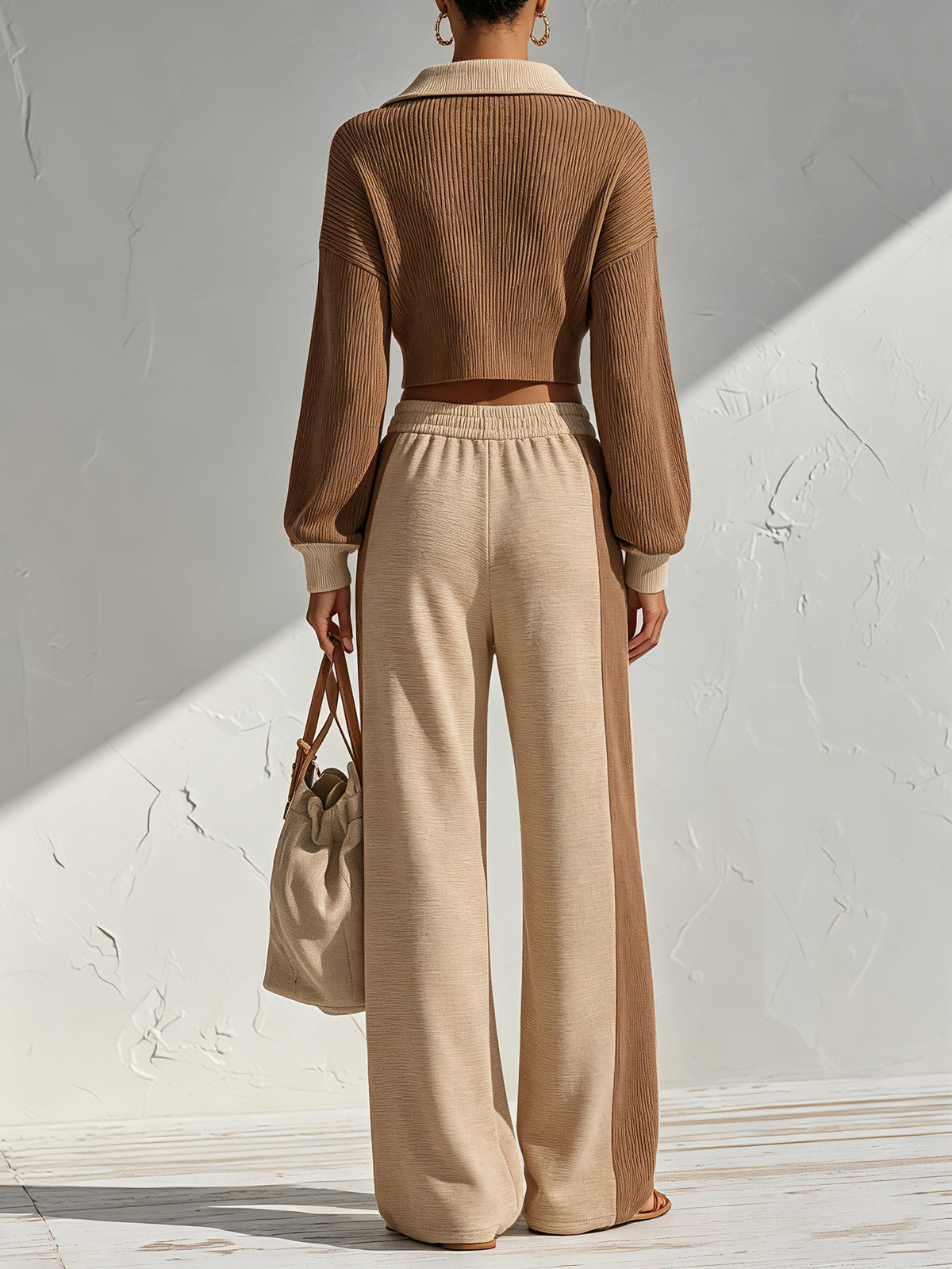 Women’s Two Piece Ribbed Lounge Set – Cropped Quarter Zip Pullover & Wide Leg Pants Matching Outfit
