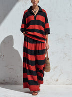 Women’s Red & Black Striped Two Piece Pants Set – Oversized Polo Top And Wide Leg Trousers Casual Chic Outfit