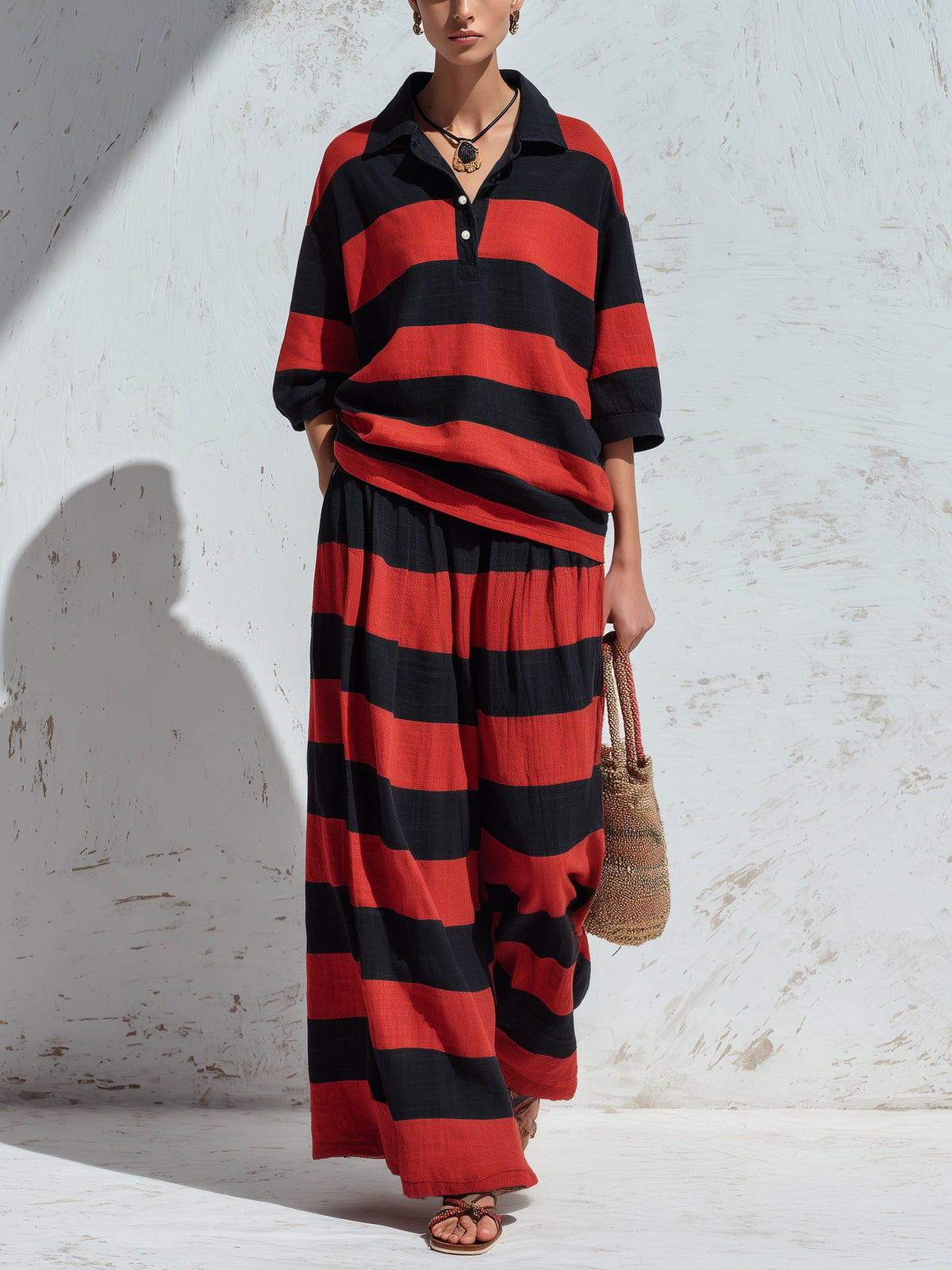 Women’s Red & Black Striped Two Piece Pants Set – Oversized Polo Top And Wide Leg Trousers Casual Chic Outfit
