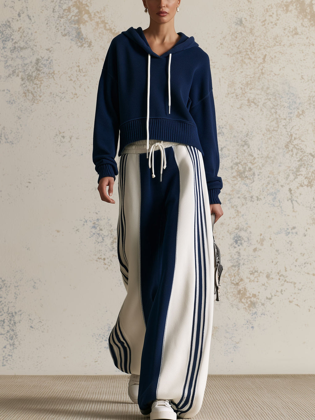 Navy Contrast Stripe Hoodie & Wide-Leg Pants Set