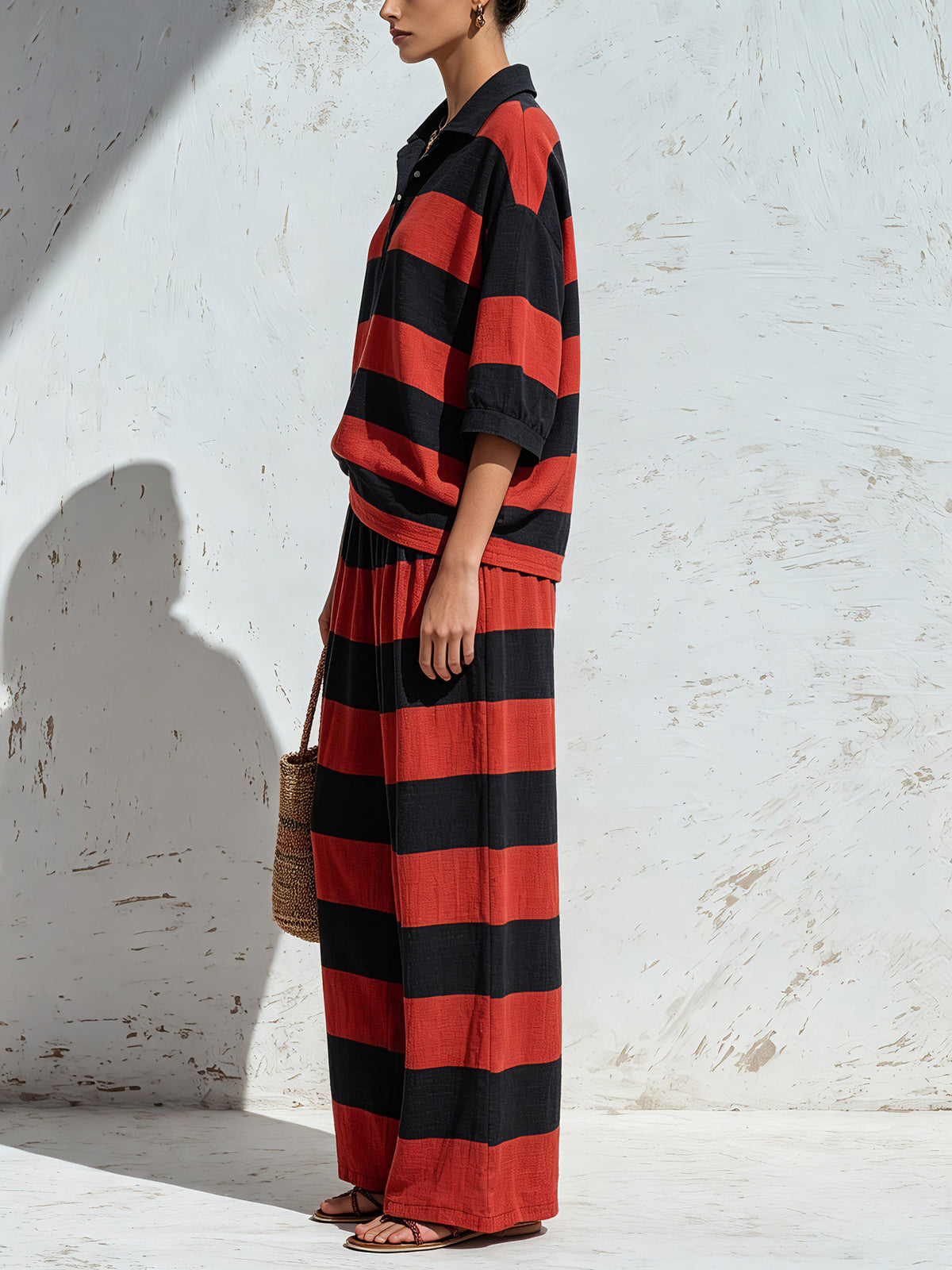 Women’s Red & Black Striped Two Piece Pants Set – Oversized Polo Top And Wide Leg Trousers Casual Chic Outfit