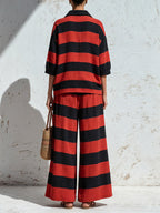 Women’s Red & Black Striped Two Piece Pants Set – Oversized Polo Top And Wide Leg Trousers Casual Chic Outfit