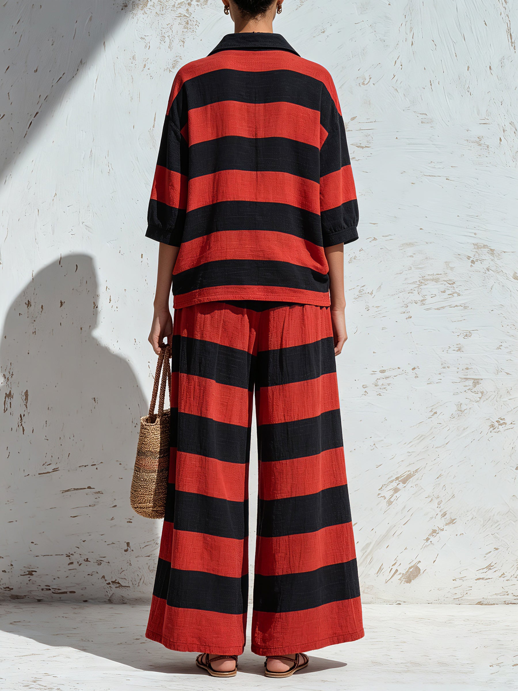 Women’s Red & Black Striped Two Piece Pants Set – Oversized Polo Top And Wide Leg Trousers Casual Chic Outfit