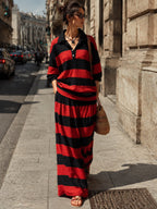 Women’s Red & Black Striped Two Piece Pants Set – Oversized Polo Top And Wide Leg Trousers Casual Chic Outfit