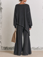 Contrast Stitch Asymmetrical Oversized Sweatshirt & Wide Leg Pants Two-Piece Set