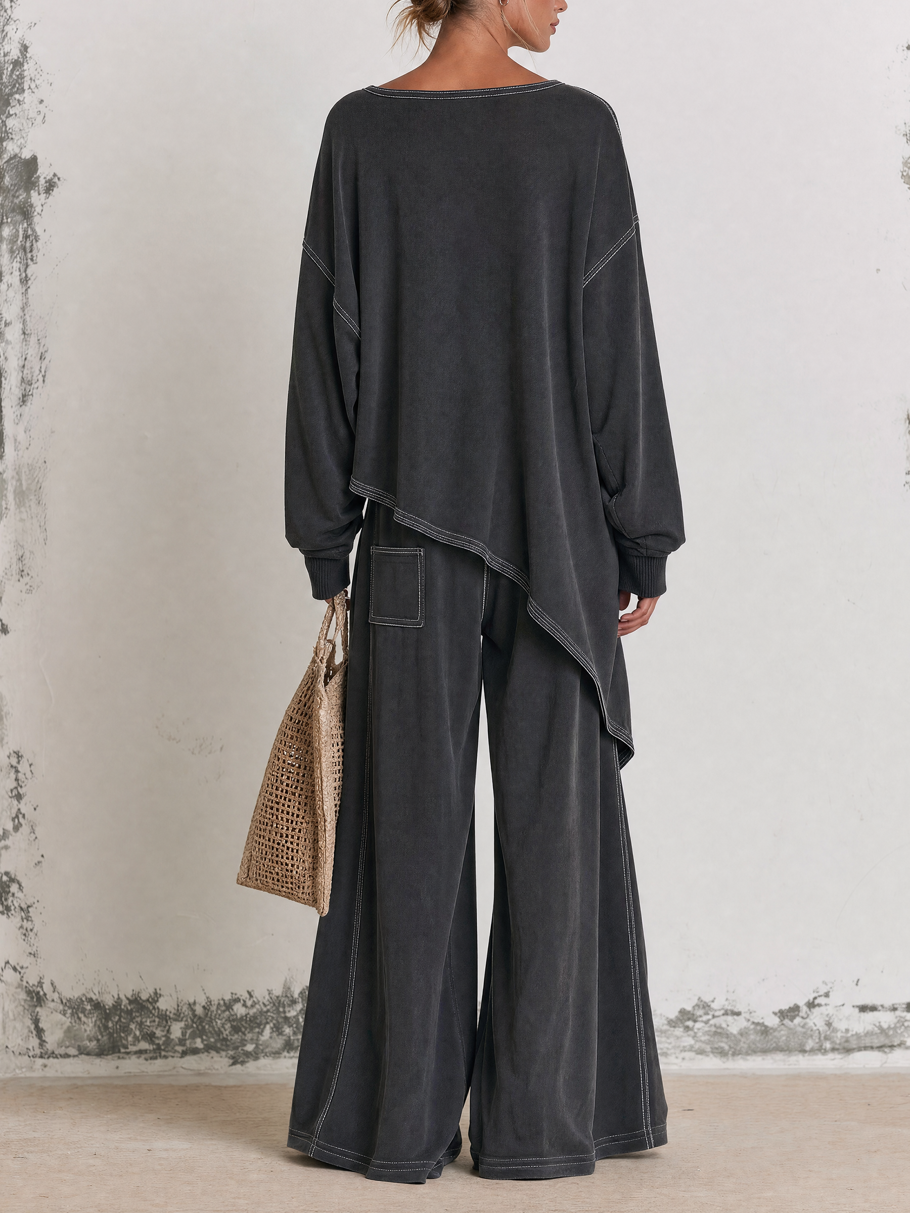 Contrast Stitch Asymmetrical Oversized Sweatshirt & Wide Leg Pants Two-Piece Set