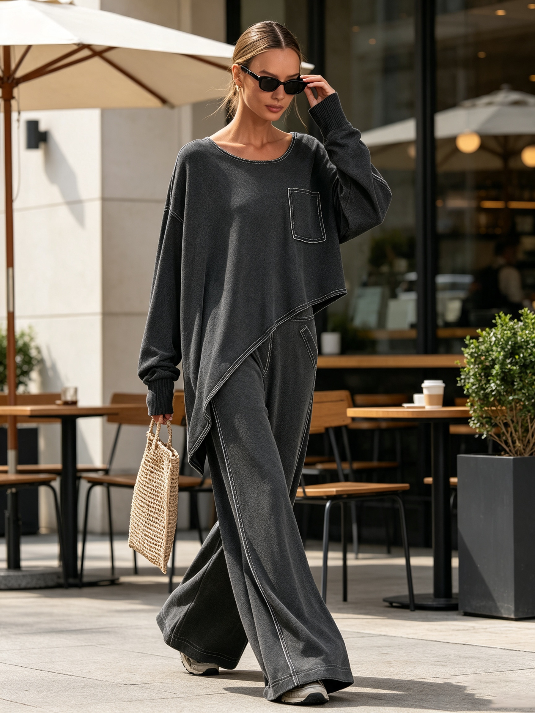 Contrast Stitch Asymmetrical Oversized Sweatshirt & Wide Leg Pants Two-Piece Set