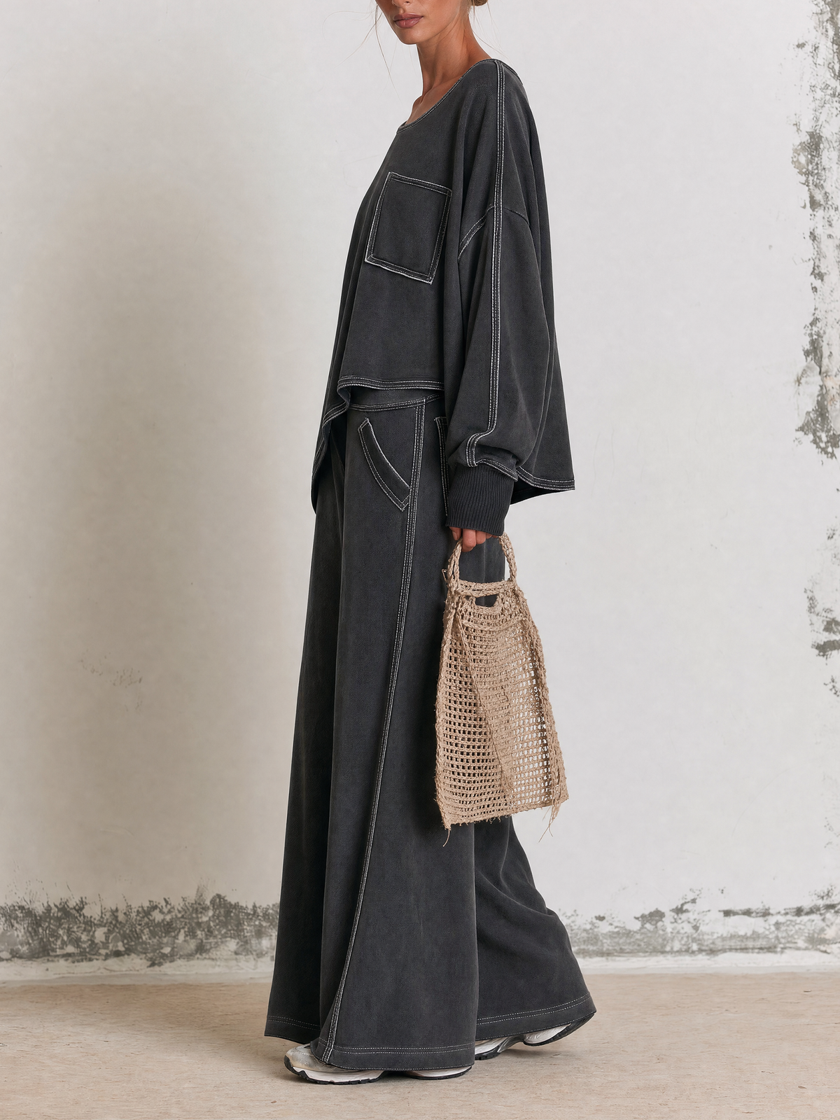 Contrast Stitch Asymmetrical Oversized Sweatshirt & Wide Leg Pants Two-Piece Set