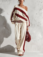 Women’s Burgundy Striped Two Piece Pants Set – Off Shoulder Long Sleeve Top & Wide Leg Trousers Casual Chic Outfit