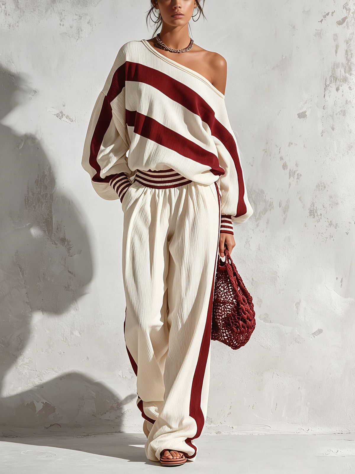 Women’s Burgundy Striped Two Piece Pants Set – Off Shoulder Long Sleeve Top & Wide Leg Trousers Casual Chic Outfit