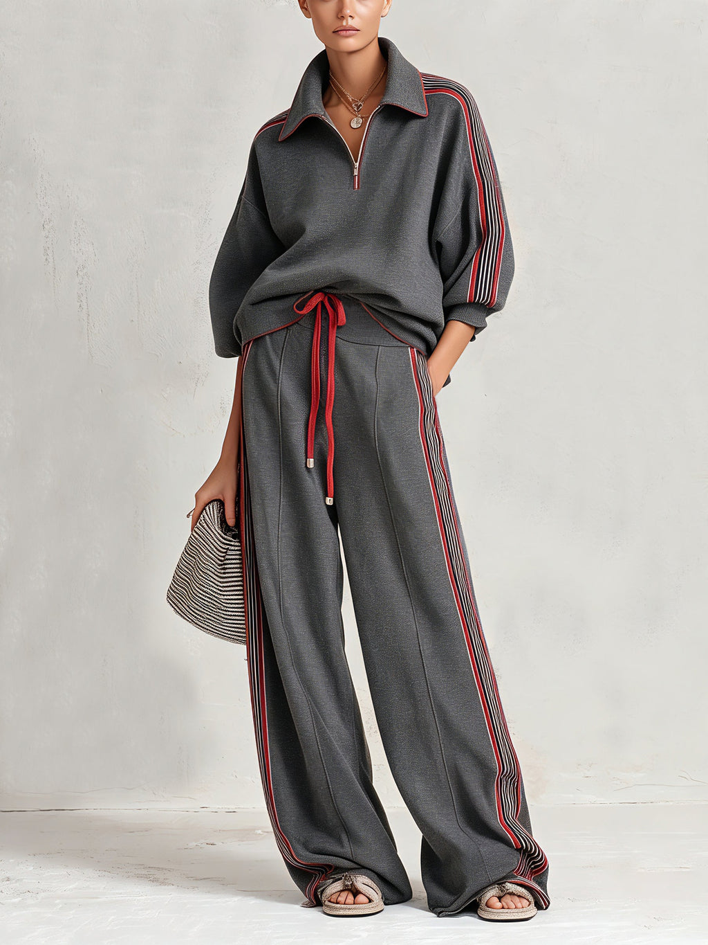 Women’s Charcoal Grey Two Piece Pants Set – Half Zip Pullover Top & Wide Leg Track Pants Casual Streetwear Outfit