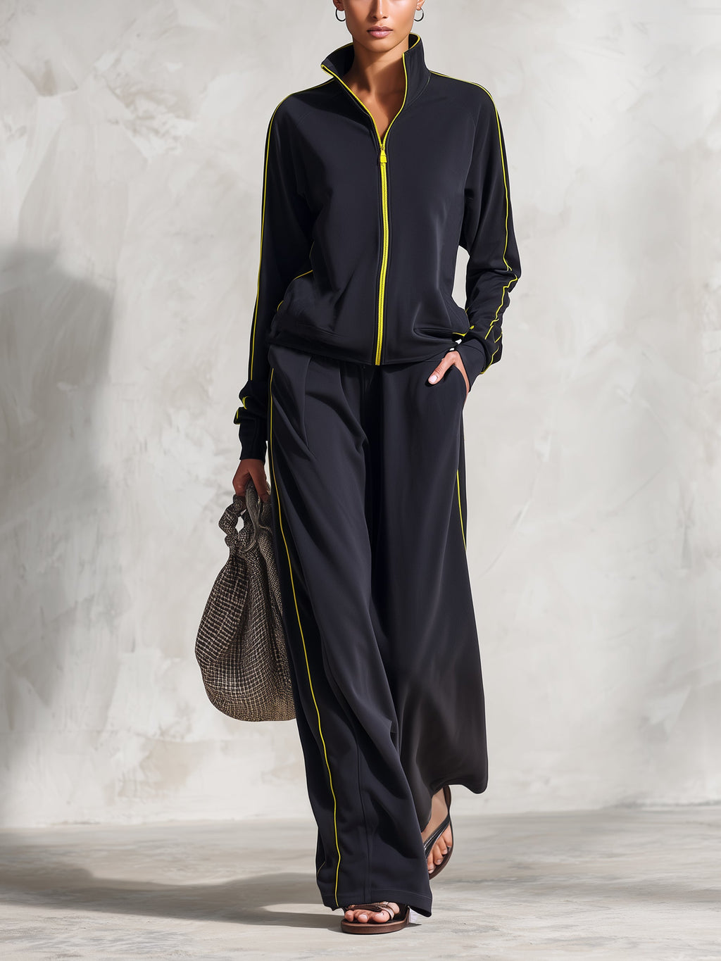 Women's Black Contrast Trim Zip-Up Tracksuit Set – Relaxed Fit Athleisure Jacket & Wide Leg Pants Two Piece Outfit