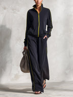 Women's Black Contrast Trim Zip-Up Tracksuit Set – Relaxed Fit Athleisure Jacket & Wide Leg Pants Two Piece Outfit