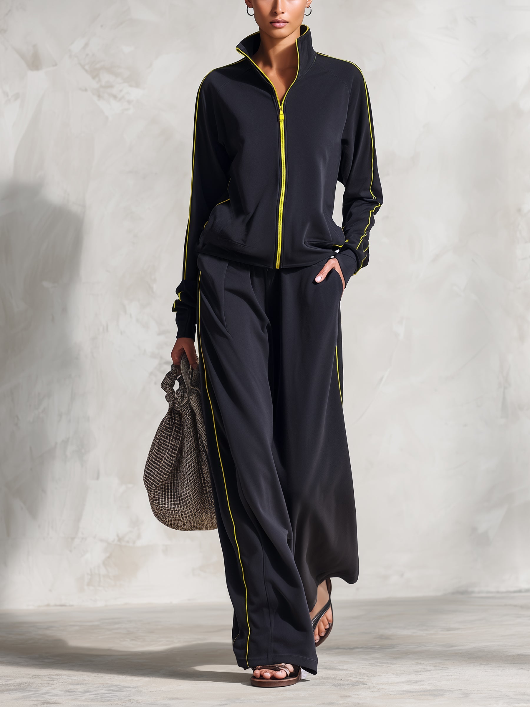 Women's Black Contrast Trim Zip-Up Tracksuit Set – Relaxed Fit Athleisure Jacket & Wide Leg Pants Two Piece Outfit