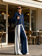 Navy Contrast Stripe Hoodie & Wide-Leg Pants Set