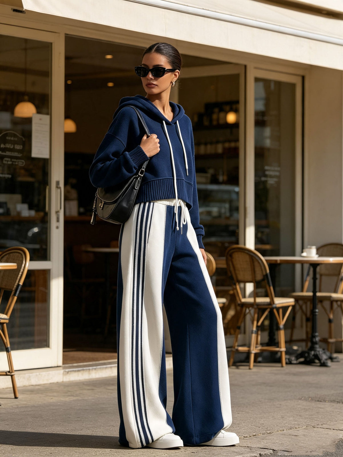 Navy Contrast Stripe Hoodie & Wide-Leg Pants Set