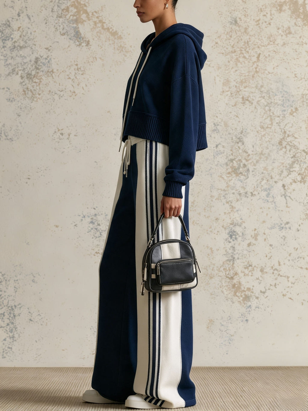 Navy Contrast Stripe Hoodie & Wide-Leg Pants Set
