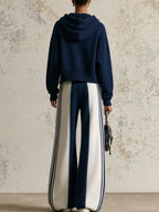 Navy Contrast Stripe Hoodie & Wide-Leg Pants Set