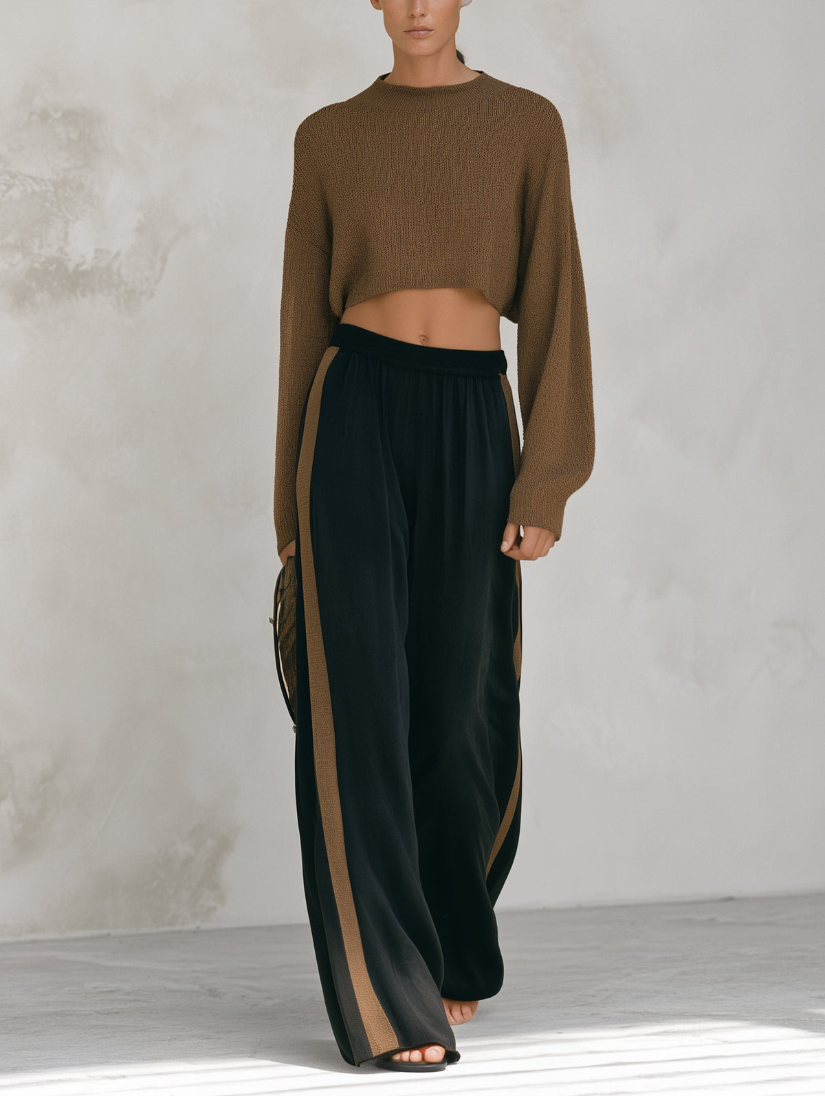 Minimalist Contrast Knit Top & Woven Wide-Leg Pants Set