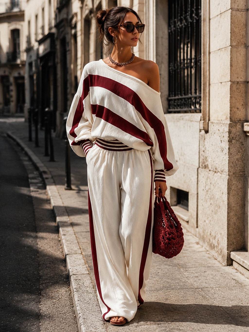 Women’s Burgundy Striped Two Piece Pants Set – Off Shoulder Long Sleeve Top & Wide Leg Trousers Casual Chic Outfit