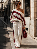 Women’s Burgundy Striped Two Piece Pants Set – Off Shoulder Long Sleeve Top & Wide Leg Trousers Casual Chic Outfit
