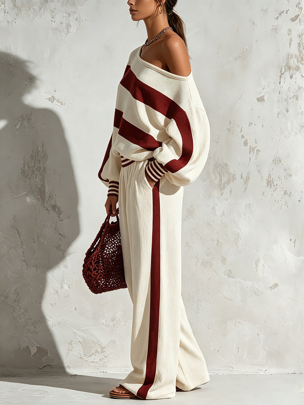 Women’s Burgundy Striped Two Piece Pants Set – Off Shoulder Long Sleeve Top & Wide Leg Trousers Casual Chic Outfit