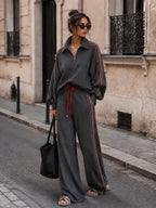 Women’s Charcoal Grey Two Piece Pants Set – Half Zip Pullover Top & Wide Leg Track Pants Casual Streetwear Outfit